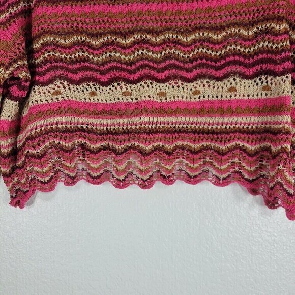 Zara Cropped Knit Sweater Women Size Large Pink Stripes Scallop Hem Boho Hippie - Picture 3 of 11